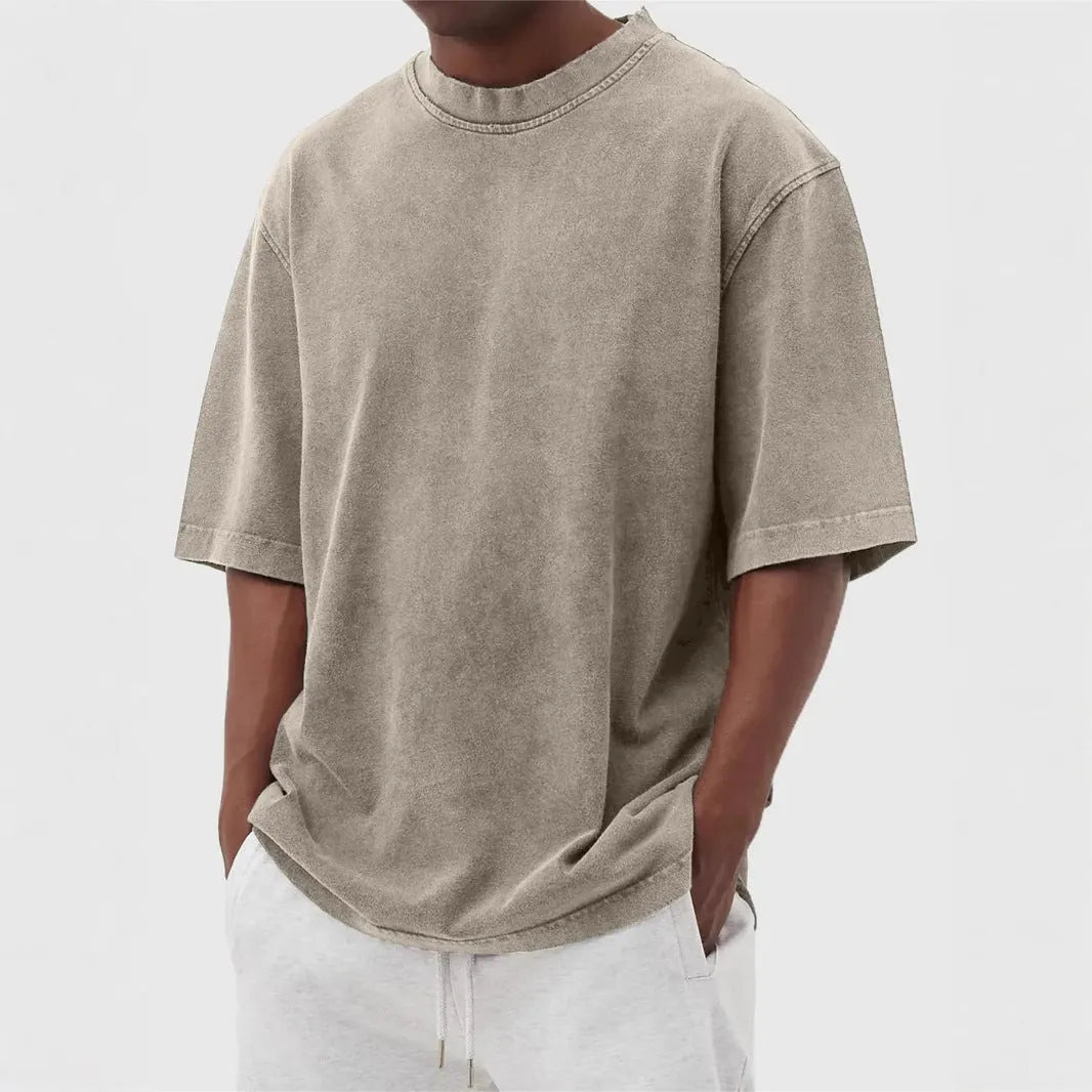 Men's stone-washed polyester pullover t-shirt in army green colour with loose fit design