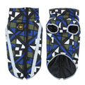 Thick reflective dog jacket in geometric blue colour, shown on a large dog.