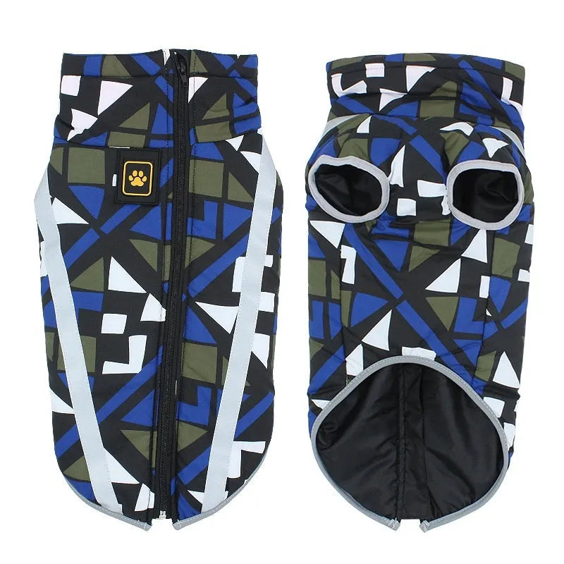 Thick reflective dog jacket in geometric blue colour, shown on a large dog.