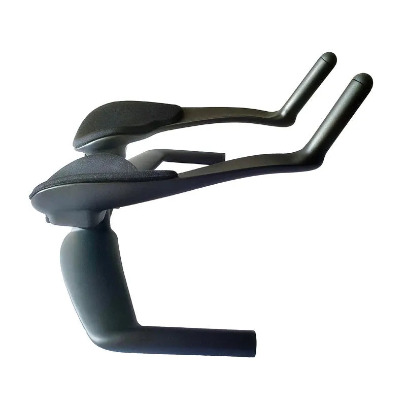 Black carbon fibre time trial bicycle handlebar showing aero extensions and 31.8mm clamp area