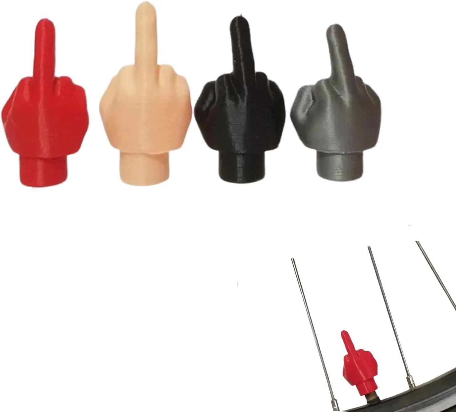 Four latex car tyre valve dust caps, shown in black and skin colour, arranged on a surface.