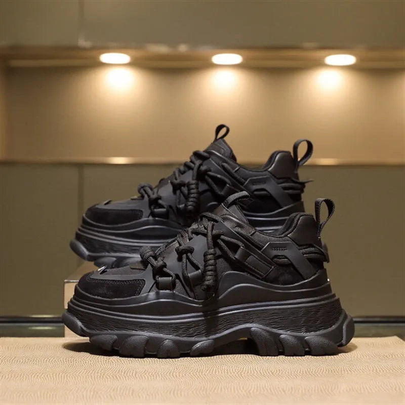 Women's black cowhide lace-up platform sneakers with breathable mesh and 3-5cm mid heel height increase