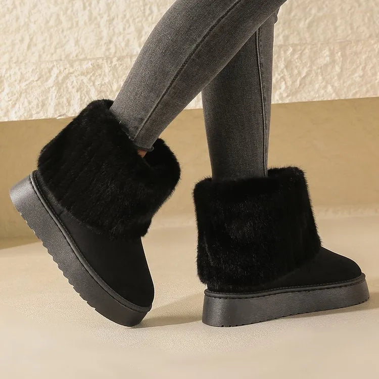 Thick-soled plush snow boots for women warm mid-tube furry cotton shoes available in black beige khaki