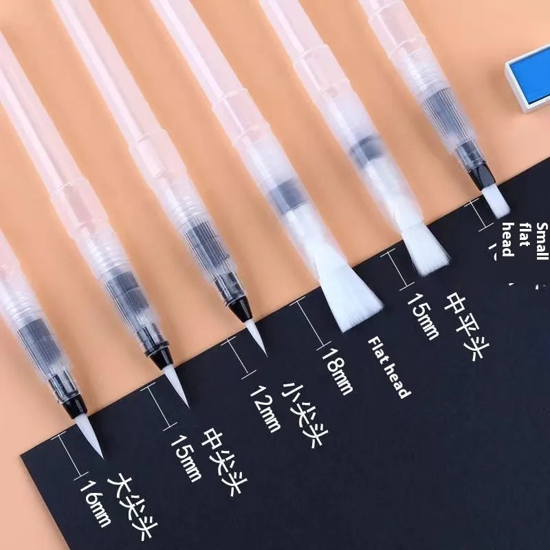 Six watercolour fountain pens with plastic body, pointed soft wool hook line, in small medium large sizes