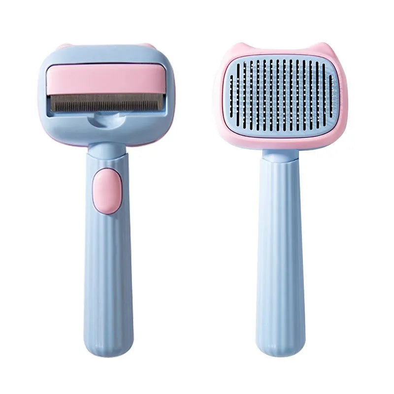 Blue and green double-sided pet deshedding brush with rake and comb, showing dimensions.