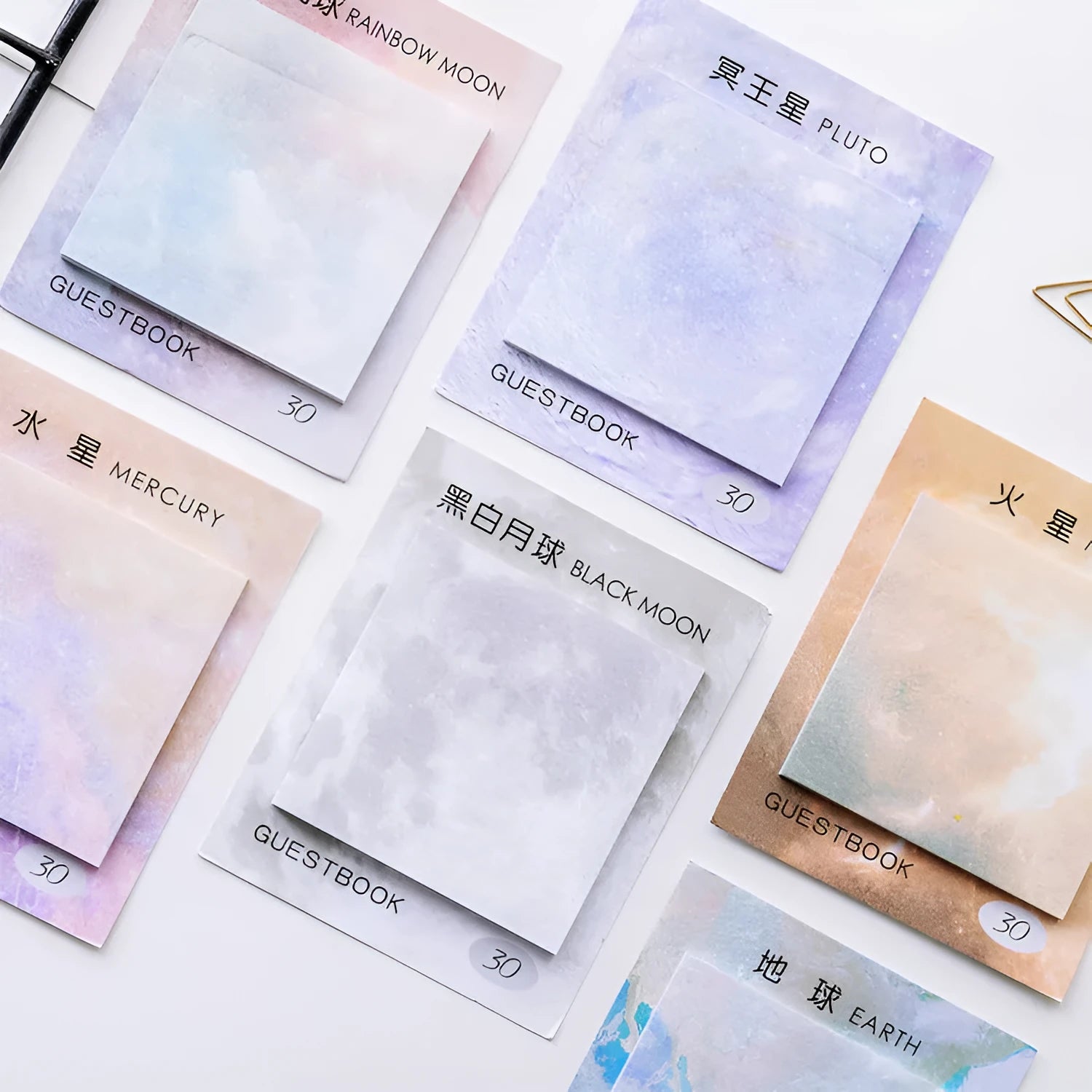 Square planet oil painting sticky notes notepad with Earth, Mars, and moon designs measuring 7.3cm