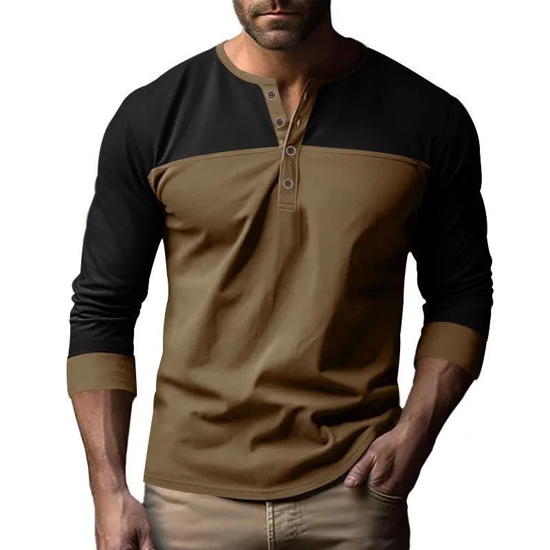 Men's retro style long sleeve henry collar shirt in polyester beaded twill fabric earth tone colours