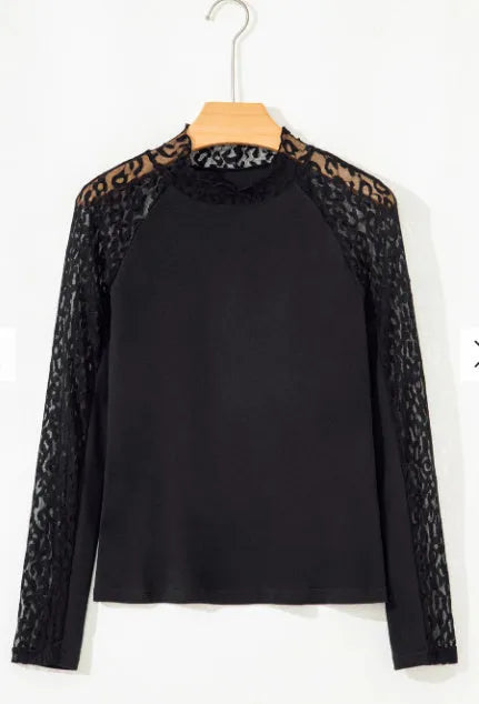 Black knitted long-sleeved top with leopard print mesh stitching for women
