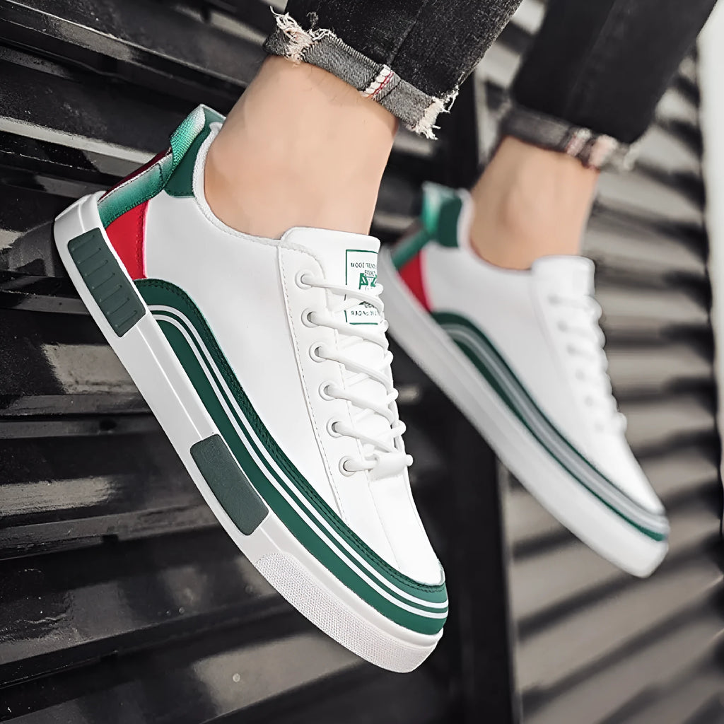 Men's canvas casual shoes with mesh sections in Milan colour pattern showing beige, white and green elements