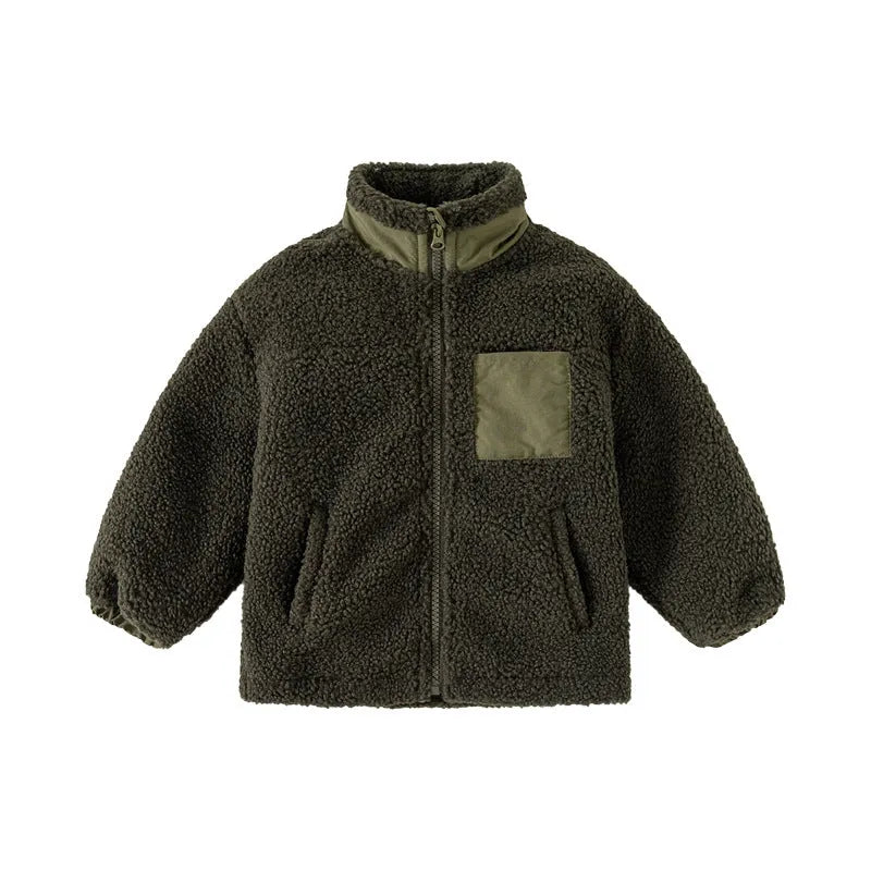 Boys' thickening fleece coat with stand collar and zip in navy blue or army green, sizes 90cm to 130cm
