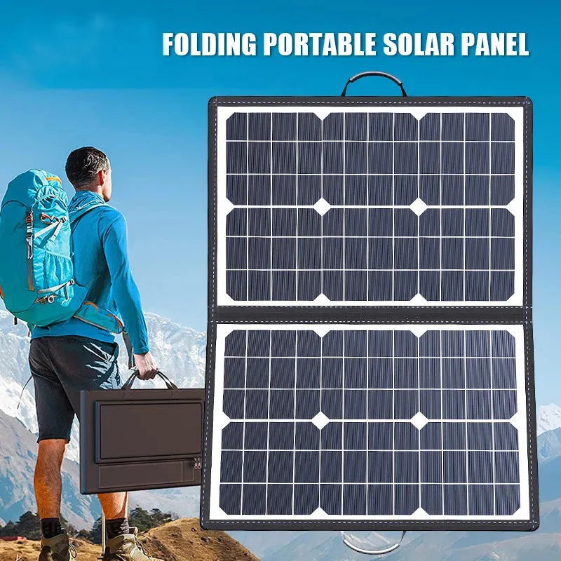 Black 40W single crystal solar folding bag panel measuring 425x285x8mm for outdoor camping and emergency charging