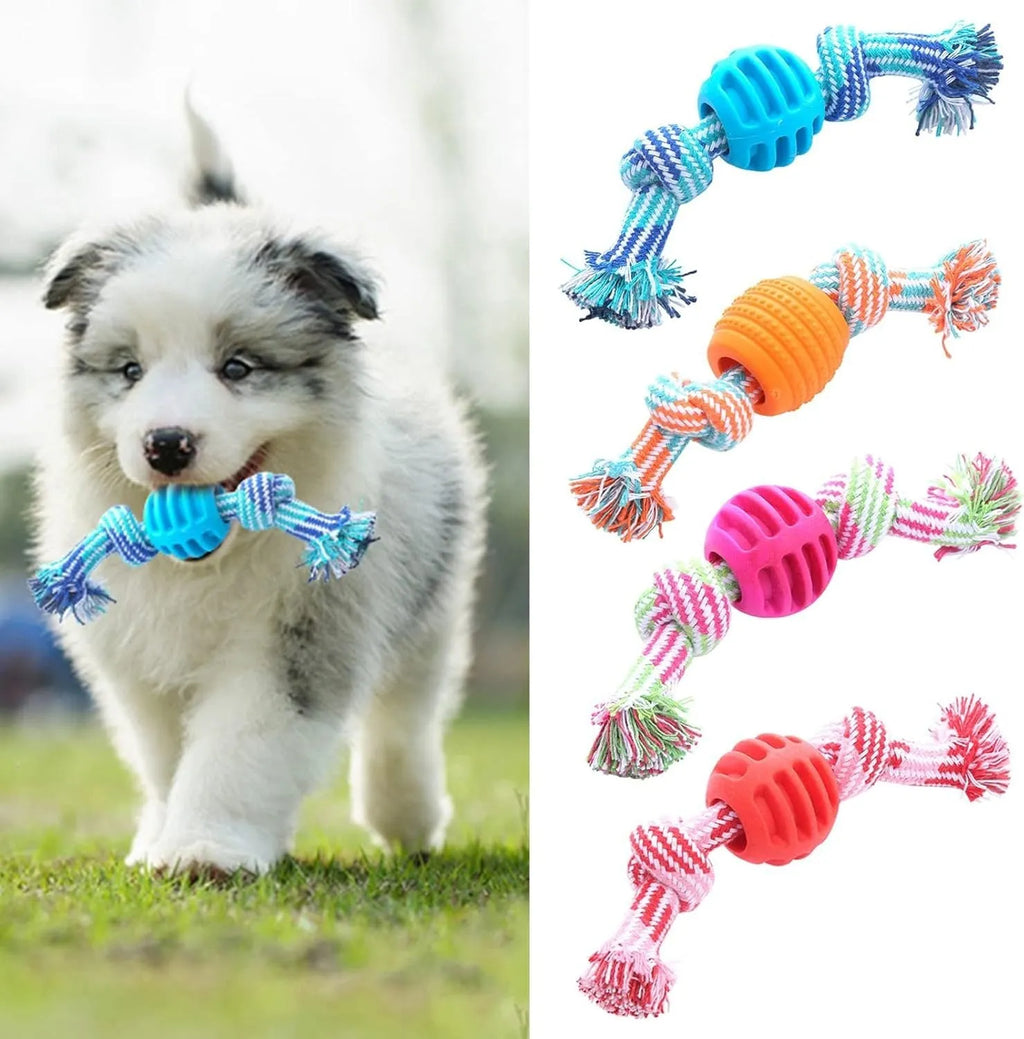 Blue dog chew toy with rope texture for cleaning teeth and oral health.