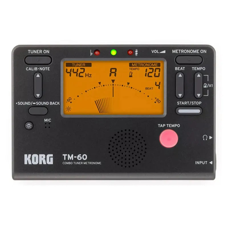 Black and silver digital metronome tuner with plastic shell and TAP TEMPO button for piano and guitar practice