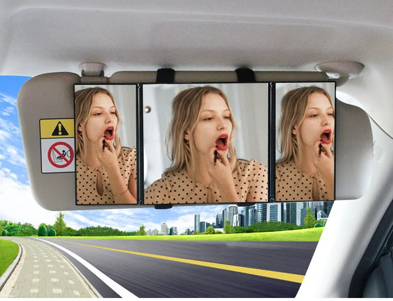 Silver car folding makeup mirror shown closed at 15.5cm wide and opened to 30.5cm wide