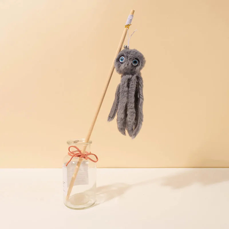 Octopus-themed cat toy with eyes on long 40cm stick for indoor cats