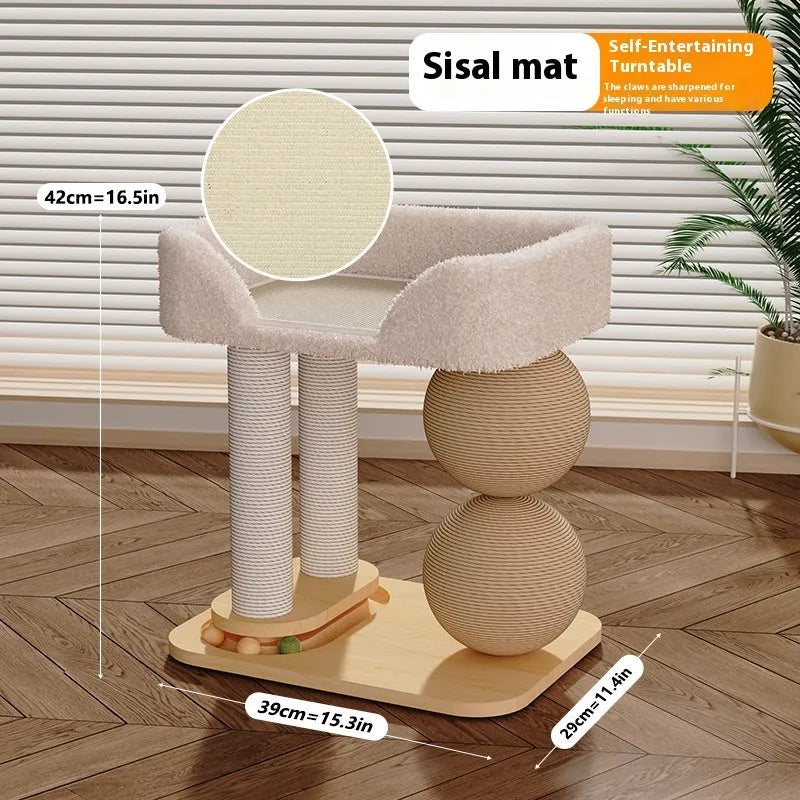 Pine wood cat nest bed with double columns and integrated grasping balls in chamfer, sisal, or summer mat style.