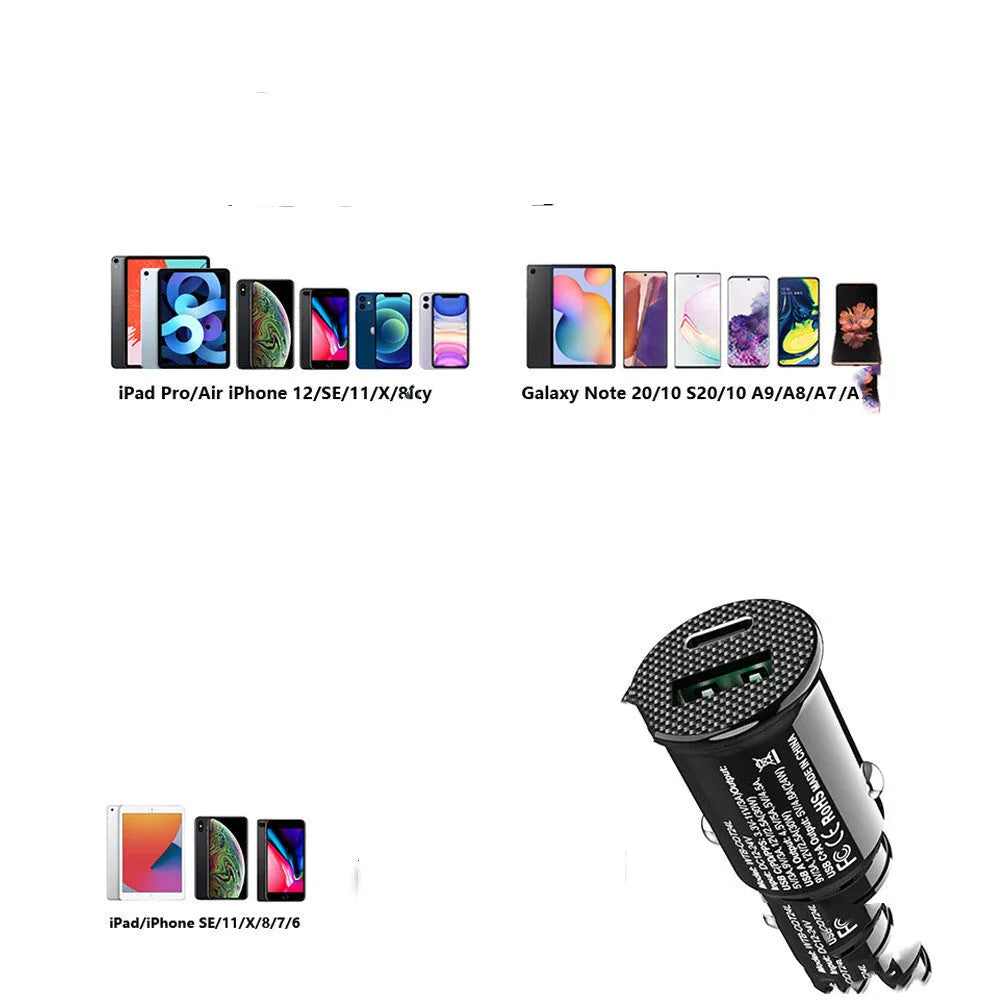 Black 30W mini USB car charger with PD QC3.0 fast charging and LED indicator