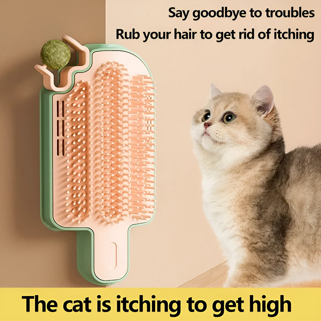 Ice cream cone shaped cat grooming toy with mint ball and feather attachments on textured surface