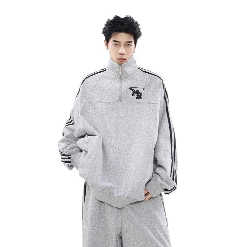 Black retro sports hoodie with stand collar and long sleeves