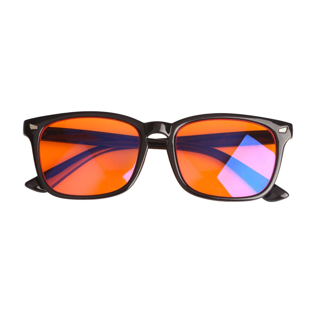 Orange red anti blue light UV glasses with black PC frame and CR39 lenses