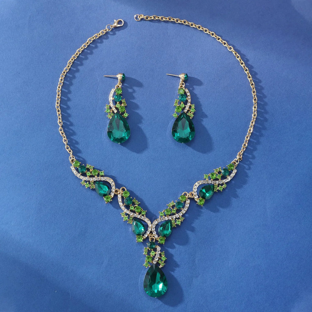 Emerald necklace and earring set with rhinestone detailing, alloy pendant, regular chain, KC gold or white