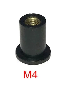 Motorcycle black rubber well nut fasteners with brass nuts in M4, M5, M6 sizes.