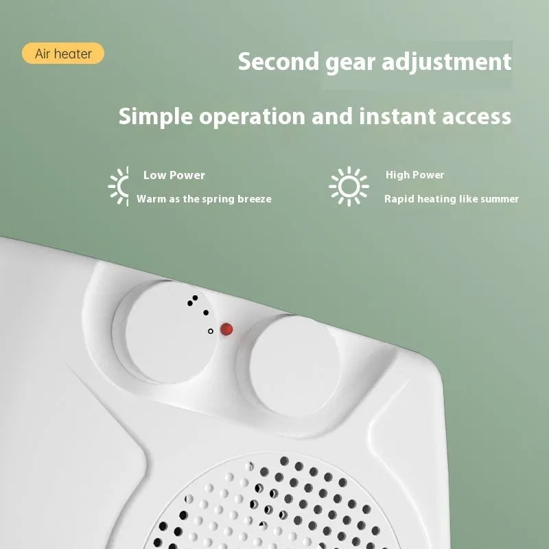 White compact electric desktop heater with heating wire technology and two fan speeds for small office spaces