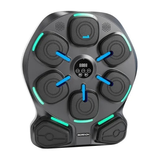 Black wall-mounted smart music boxing machine with eight targets, double lights, PU material, and adult half-finger gloves