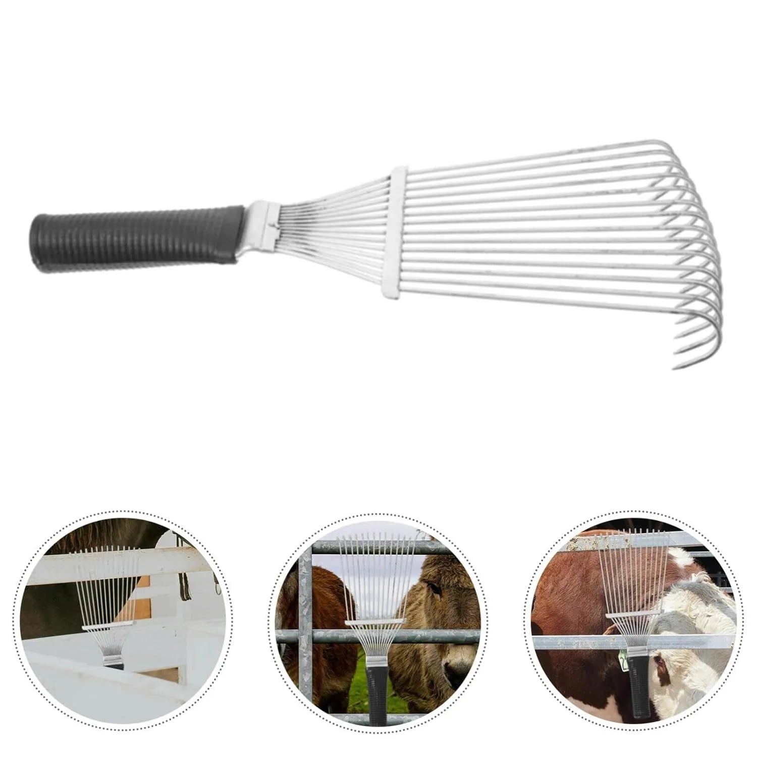 Stainless steel pet grooming brush with curved metal teeth measuring 33 cm