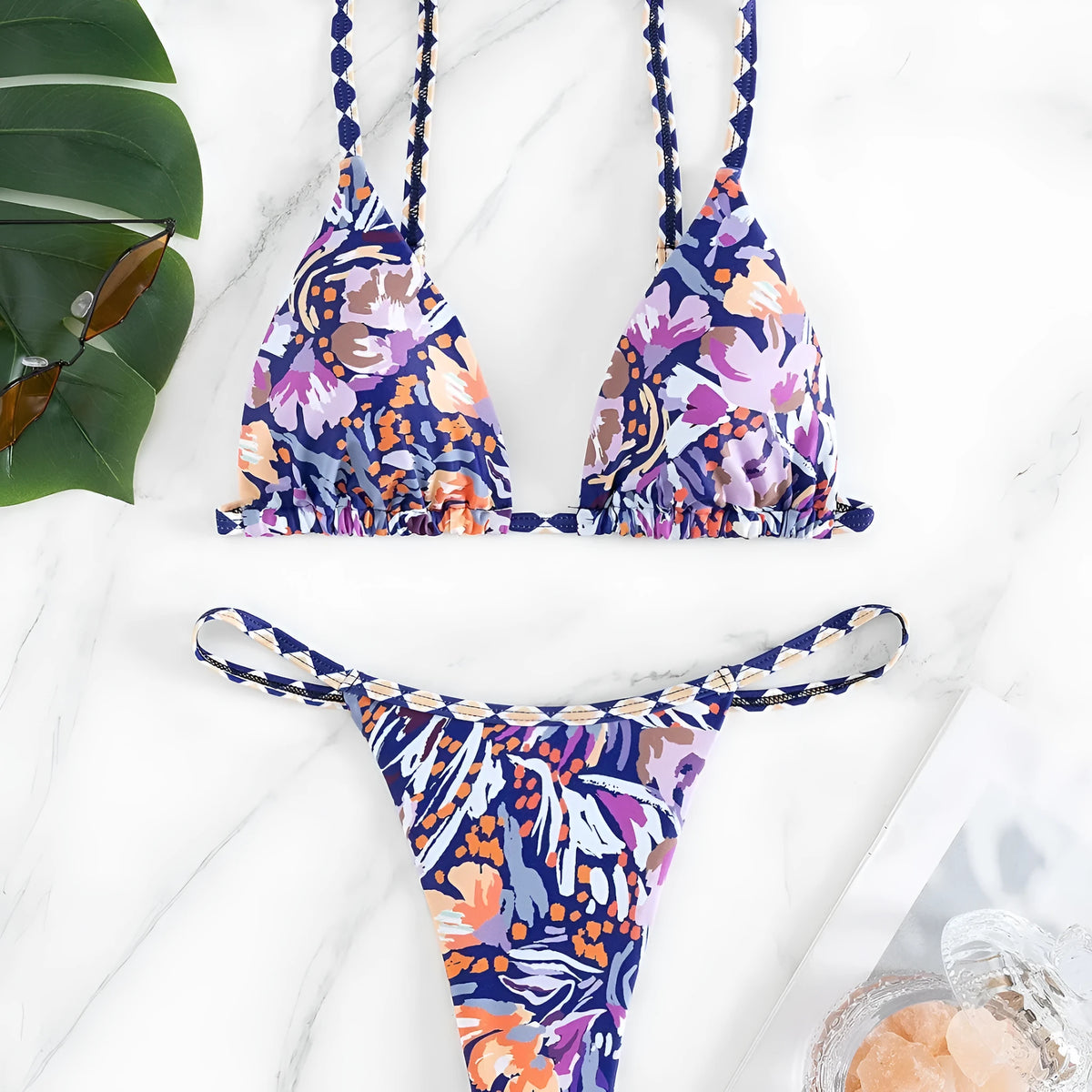 Women's floral print polyester bikini swimsuit with triangle cup top and briefs style bottoms