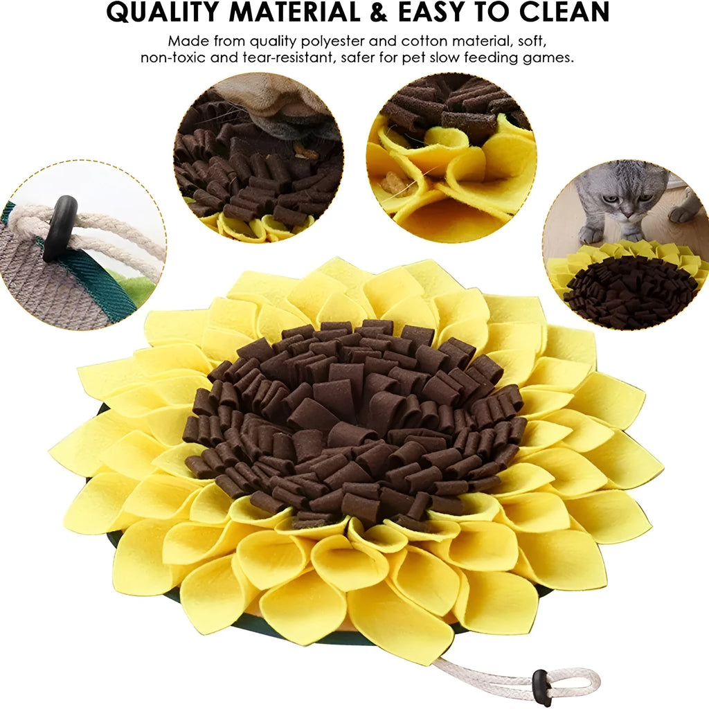 Yellow sunflower-shaped dog snuffle mat with rope attachment for nosework training
