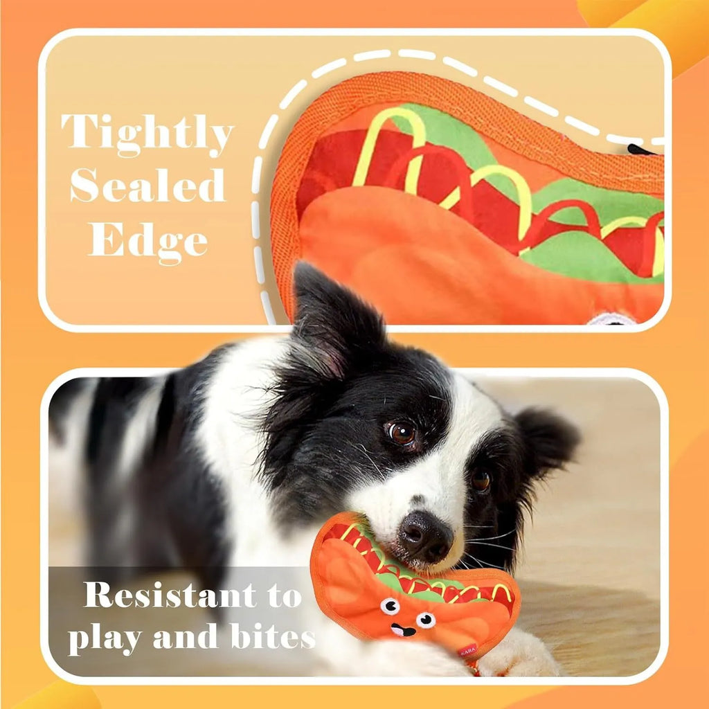 Food-shaped dog chew toys including a hamburger, fries, a hot dog, and a pizza, designed for interactive play with crinkle and squeak sounds.