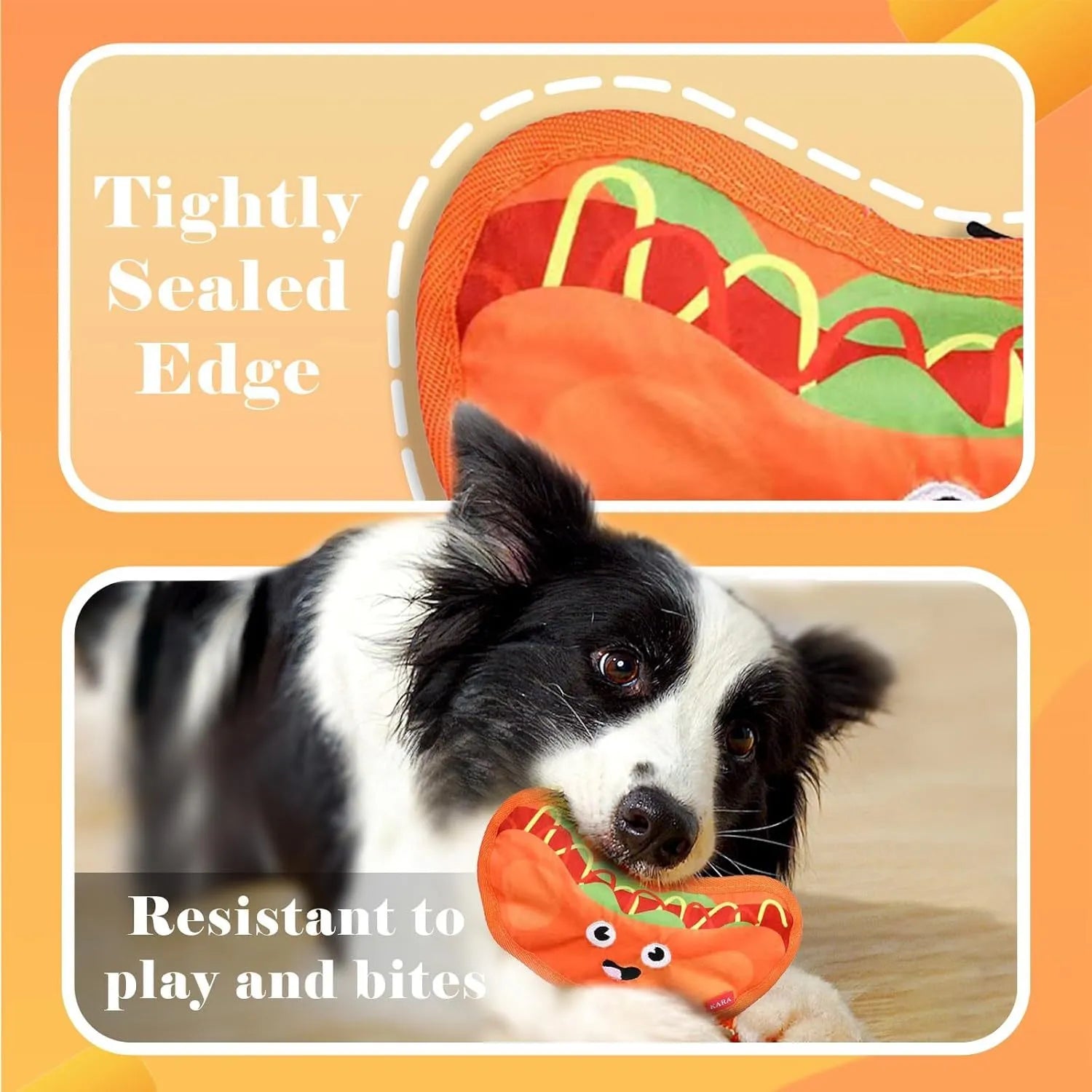 Food-shaped dog chew toys including a hamburger, fries, a hot dog, and a pizza, designed for interactive play with crinkle and squeak sounds.