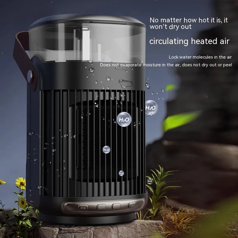 Black portable heater with humidifier measuring 24x13x13cm with front control buttons