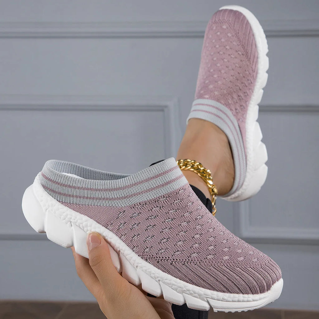 Women's black striped Flyknit casual slipper shoes with hollowed-out design and height increasing sole.