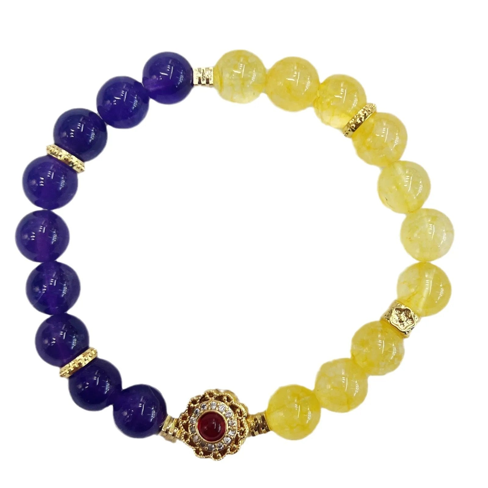 Handmade yellow and purple crystal bracelet with amethyst beads for women