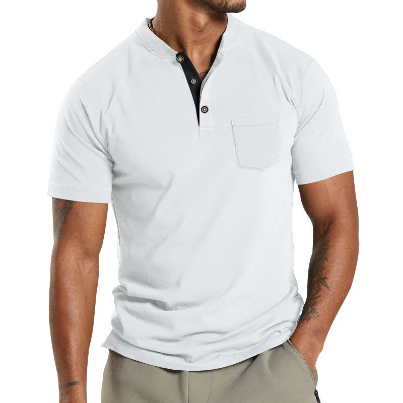 Men's plus size short sleeve solid colour shirt with a button chest pocket on a hanger.