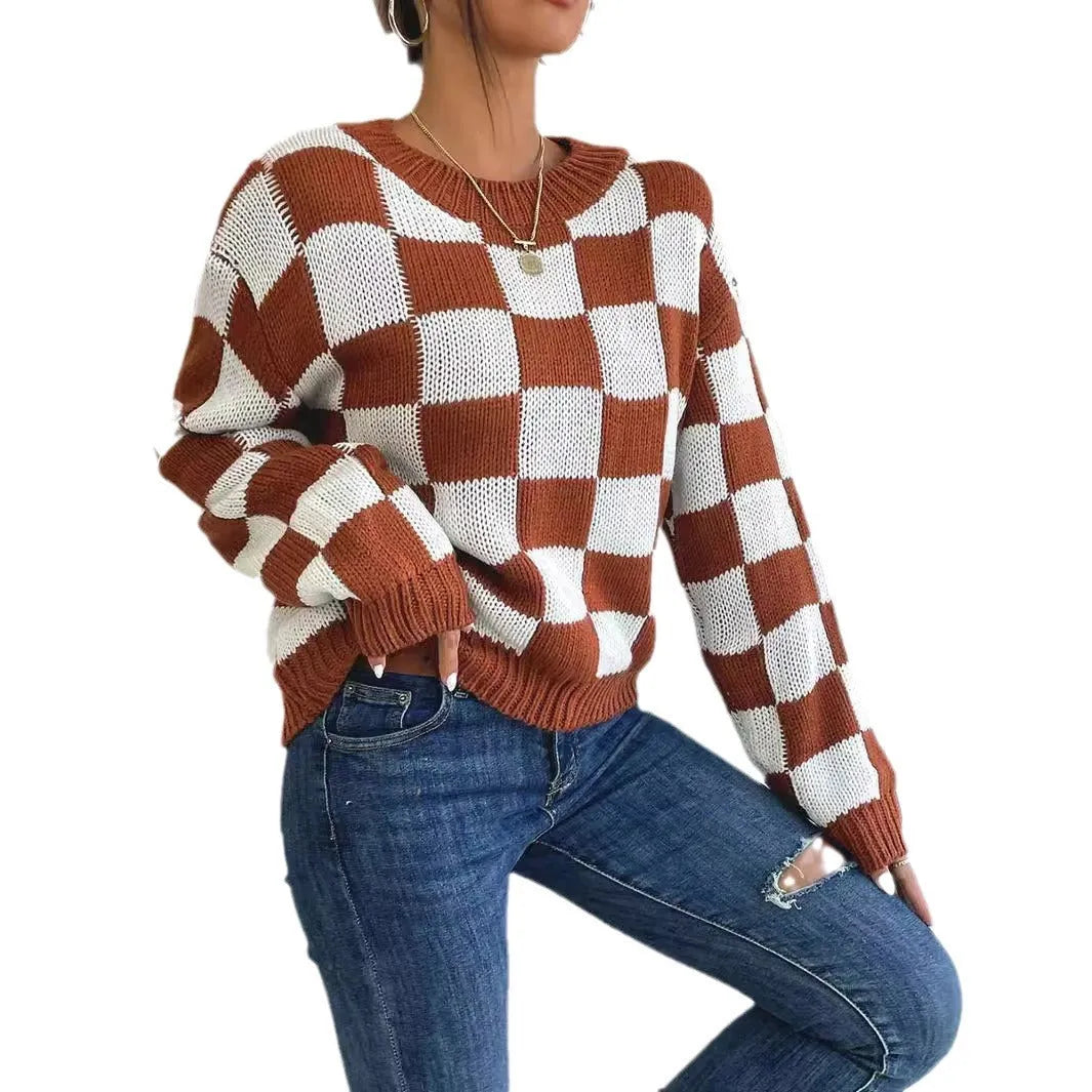 Dark brown acrylic pullover sweater with chessboard plaid pattern, loose round neck and long sleeves
