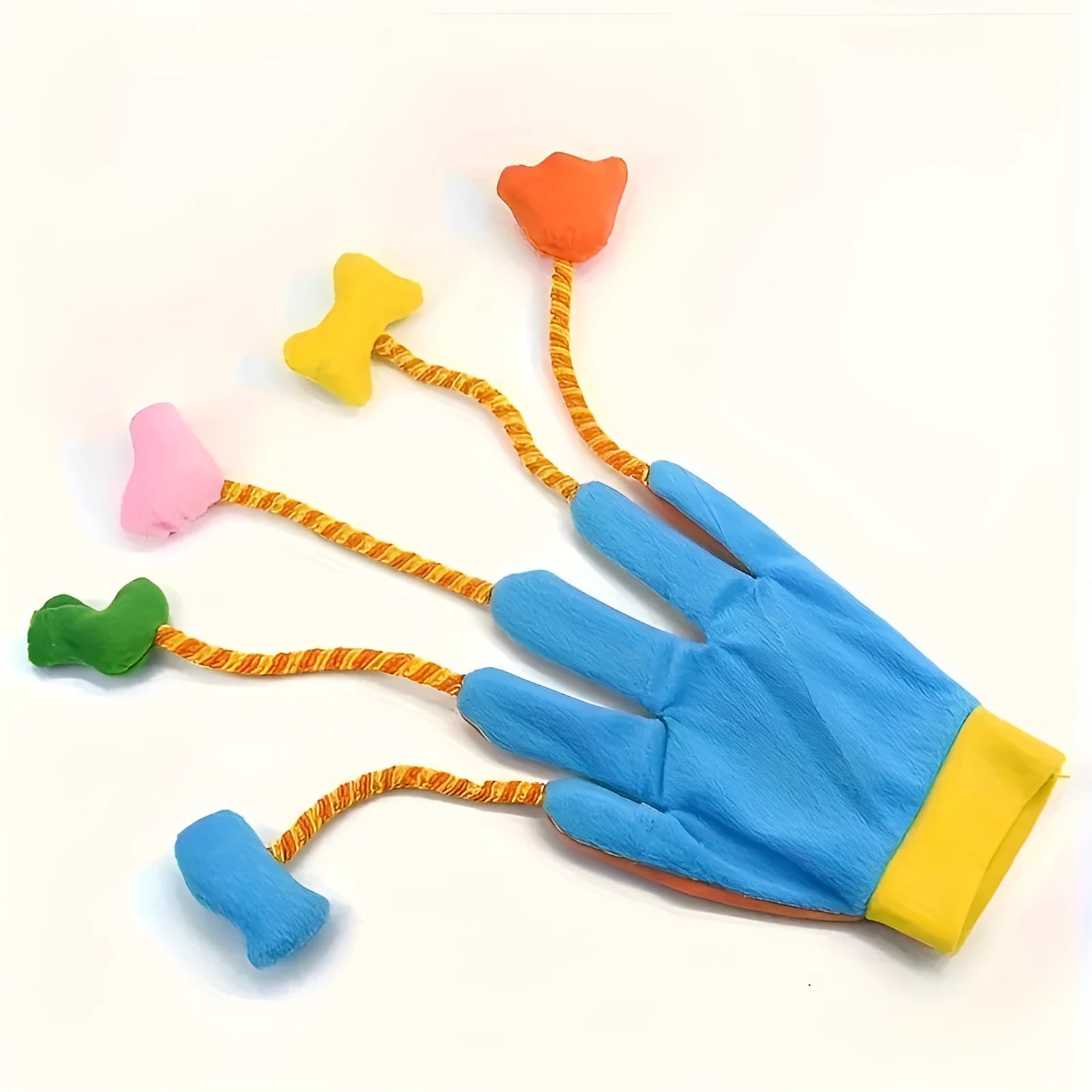 Yellow and blue interactive cat toy glove with plush trailer and bell.