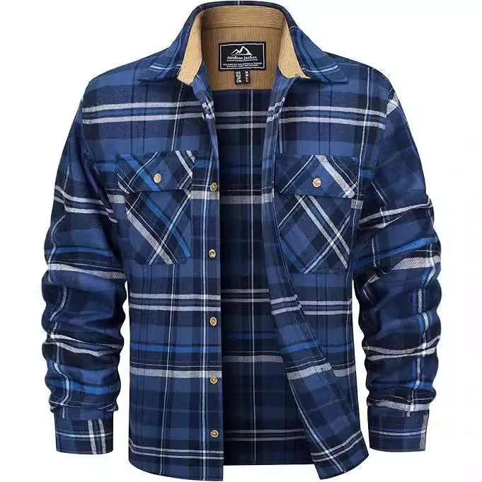 Men's flannel button shirt showing plaid pattern in multiple colour options with cardigan-style cut