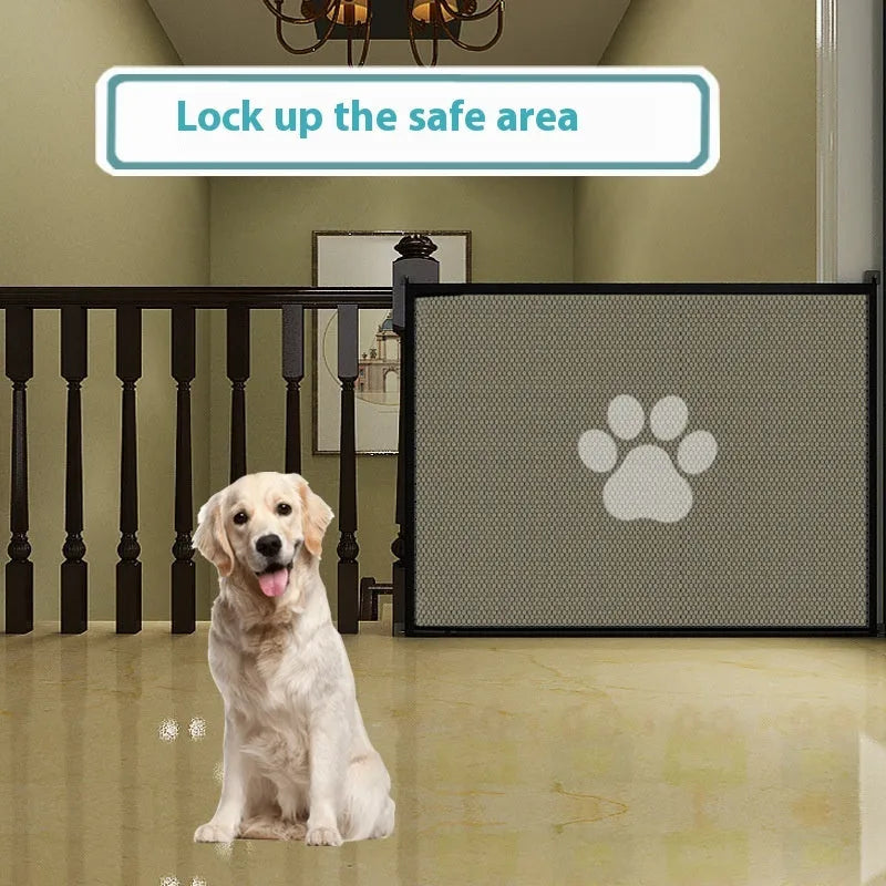 Portable folding dog barrier safety net fence with pet doorsill design in black or white dog footprints