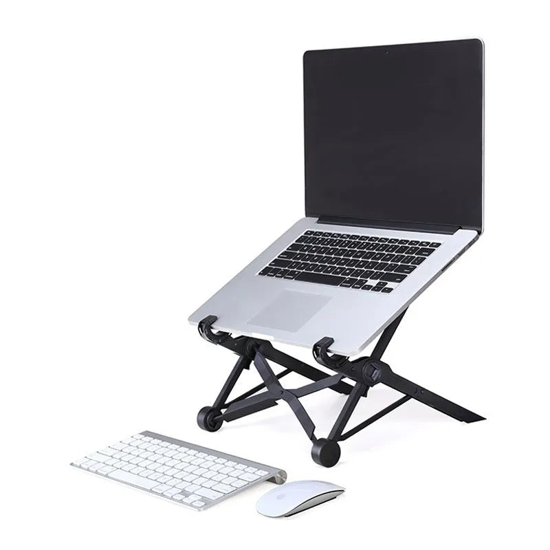 Sagacious black portable folding laptop stand with carrying case, shown folded to 40cm length.