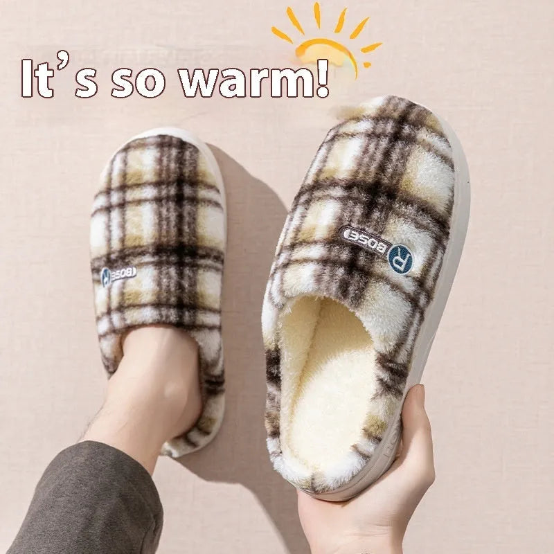 Women's plush warm non-slip plaid cotton shoes with PVC sole in yellow, green, purple, grey or coffee, sizes 36-45