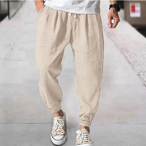 Men's casual cotton summer pants with elastic waistband and banded ankle cuffs in various colours