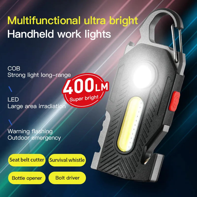 Multifunctional LED emergency work light with COB, 400LM, USB-C, keychain tools, 99x40x18mm