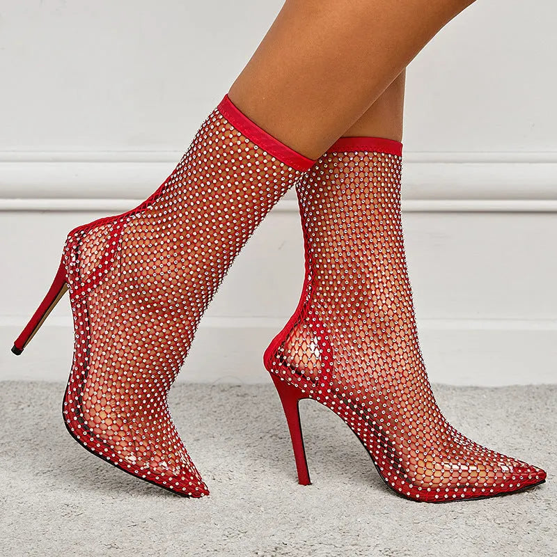 Women's pointed-toe stiletto boots with hollow mesh upper, PU lining and rubber sole, in white, red or black.
