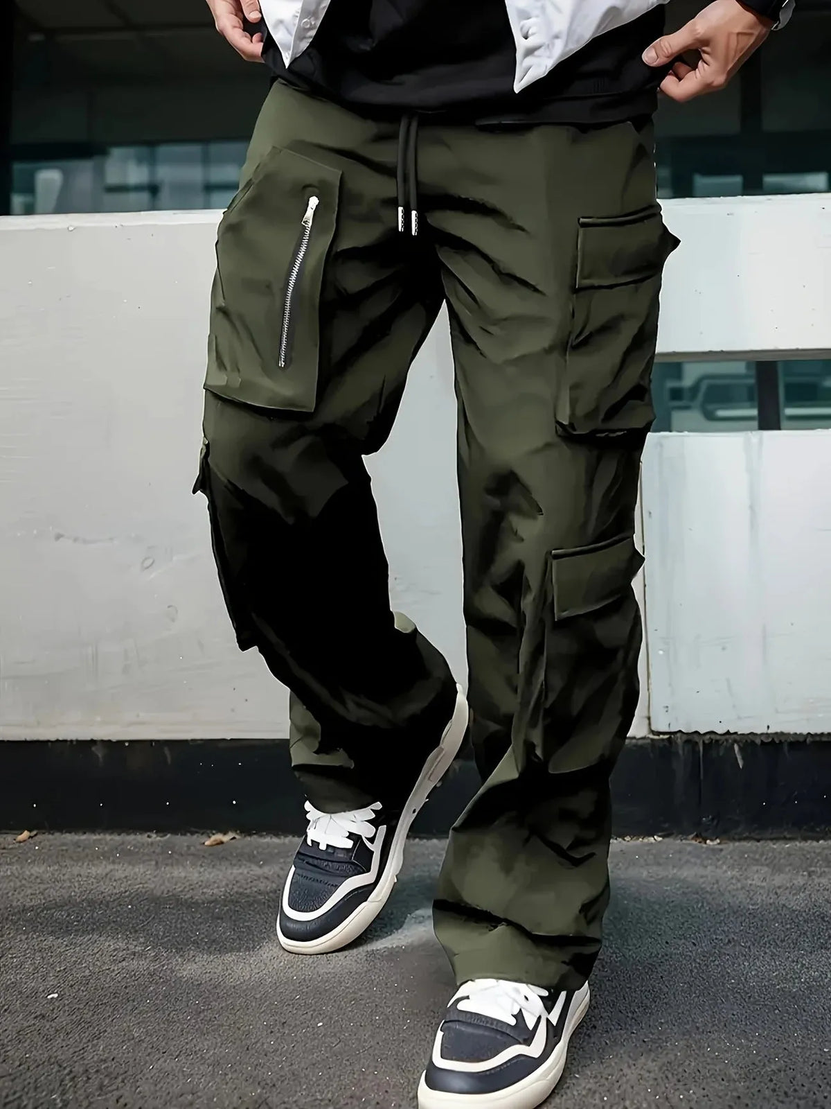 Slim-fit multi-pocket work pants in polyester, spring and autumn outdoor casual trousers, black grey green khaki