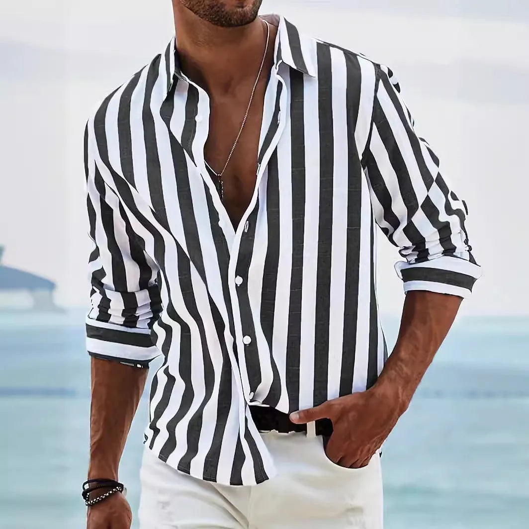 Man wearing loose-fitting striped long-sleeved shirt in polyester fabric with British casual style