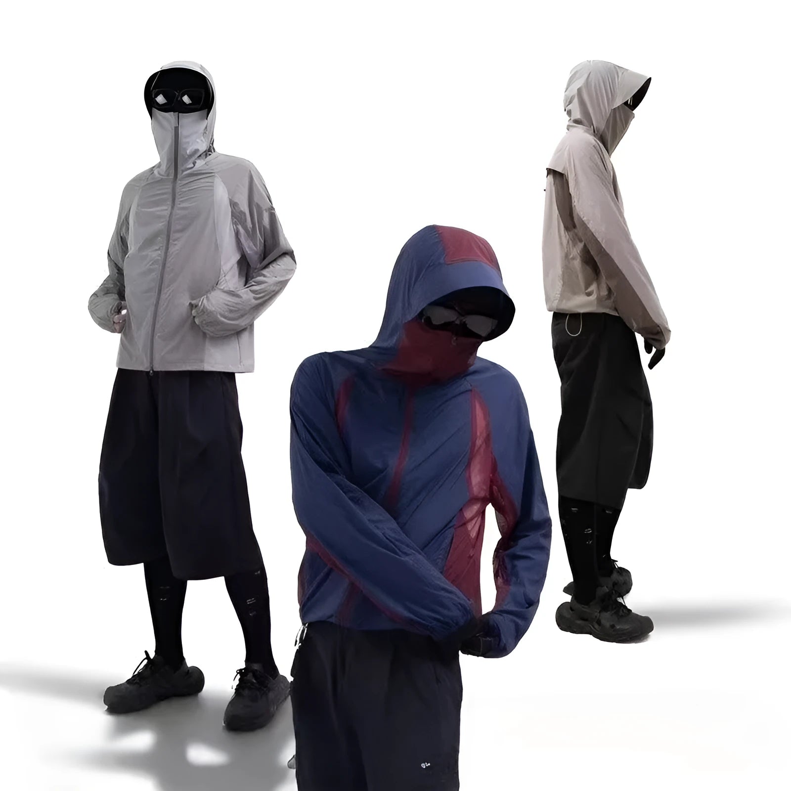 Mesh-stitched sun protective clothing in desert brown, light grey, red or blue.