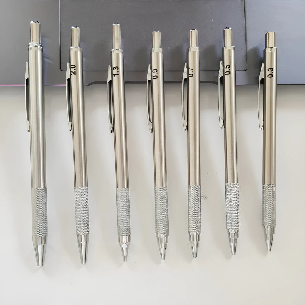 Metal automatic mechanical drafting pencil with multiple lead size options including 0.5mm and 2.0mm.